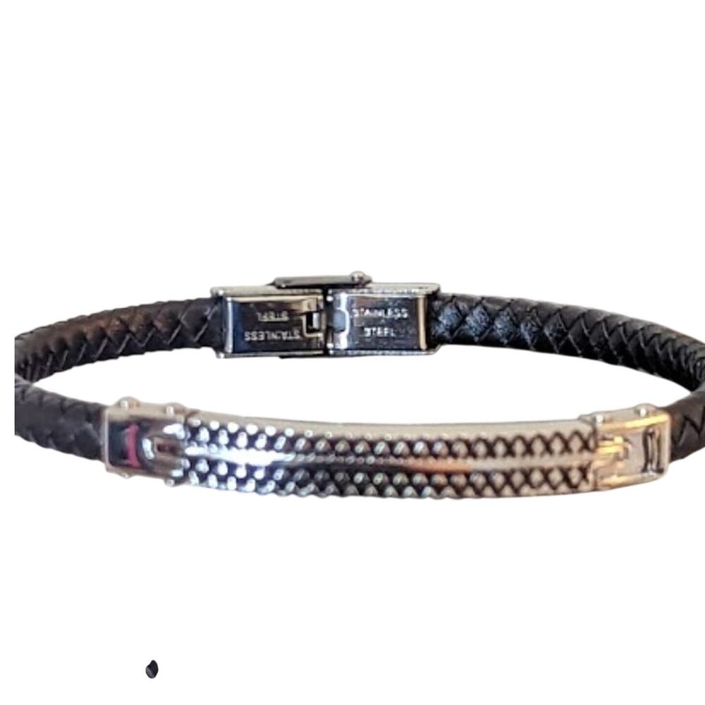 Men's Stainless Steel 6mm Black Leather Bracelet 8 1/2" - Picture 2 of 4